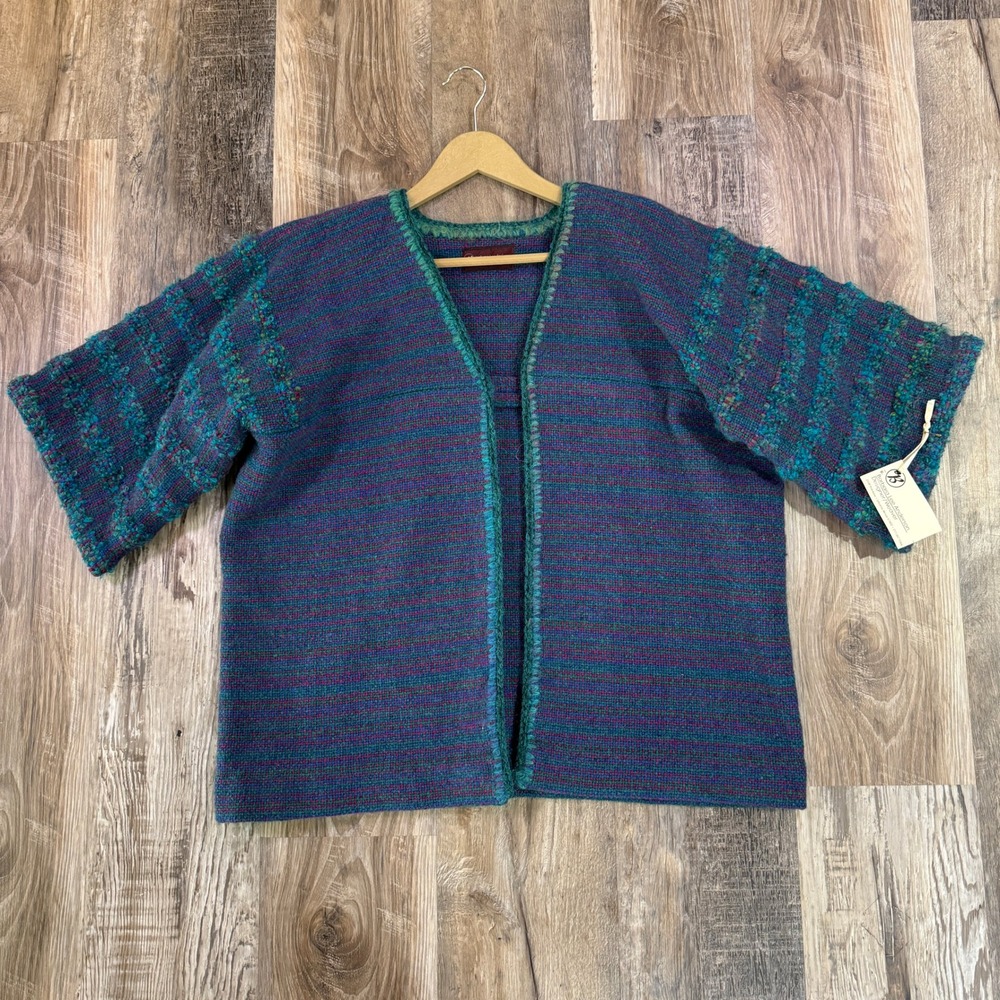 NWT Barbara Lee Anderson Open Jacket Women OS Blue Green Wool Tweed Lagenlook